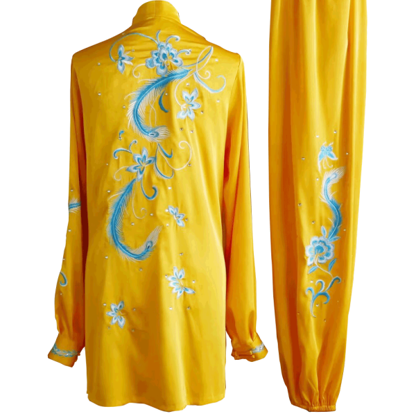 Golden Kung Fu Wushu Uniform with Light Blue Phoenix and Floral Embroidery UC2024-016