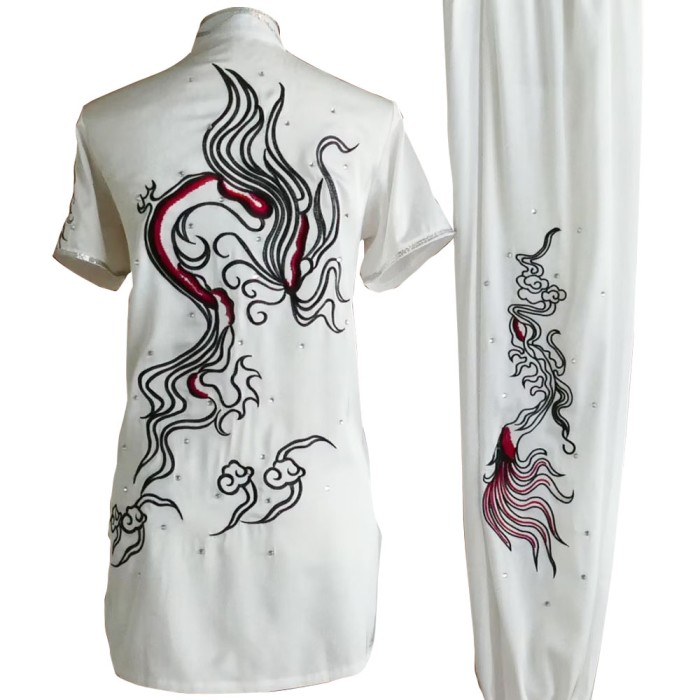 White Kung Fu Wushu Uniform with Abstract Dragon Embroidery and Silver Sequins UC2024-017