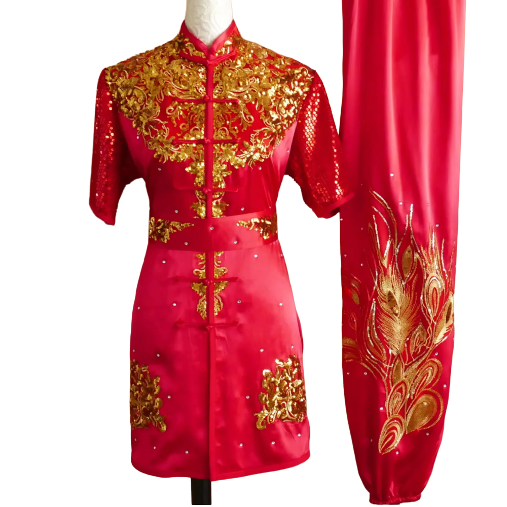 Red Satin Wushu Uniform with Gold Phoenix Sequins