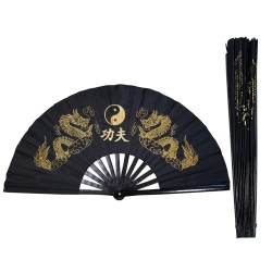 Fan07 Black Twin Golden Dragon Taichi kungfu Bamboo Rib Fan