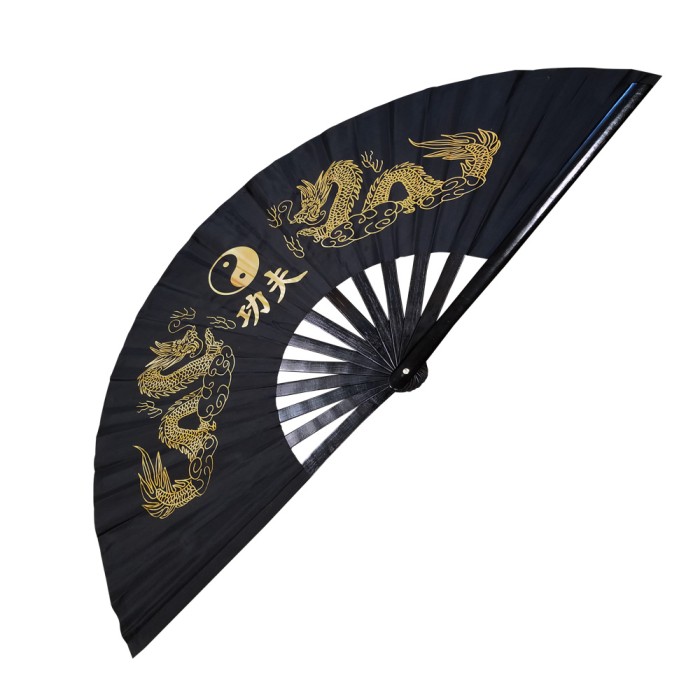 Black Twin Golden Dragon Tai Chi Kung Fu Bamboo Rib Fan (Fan07)