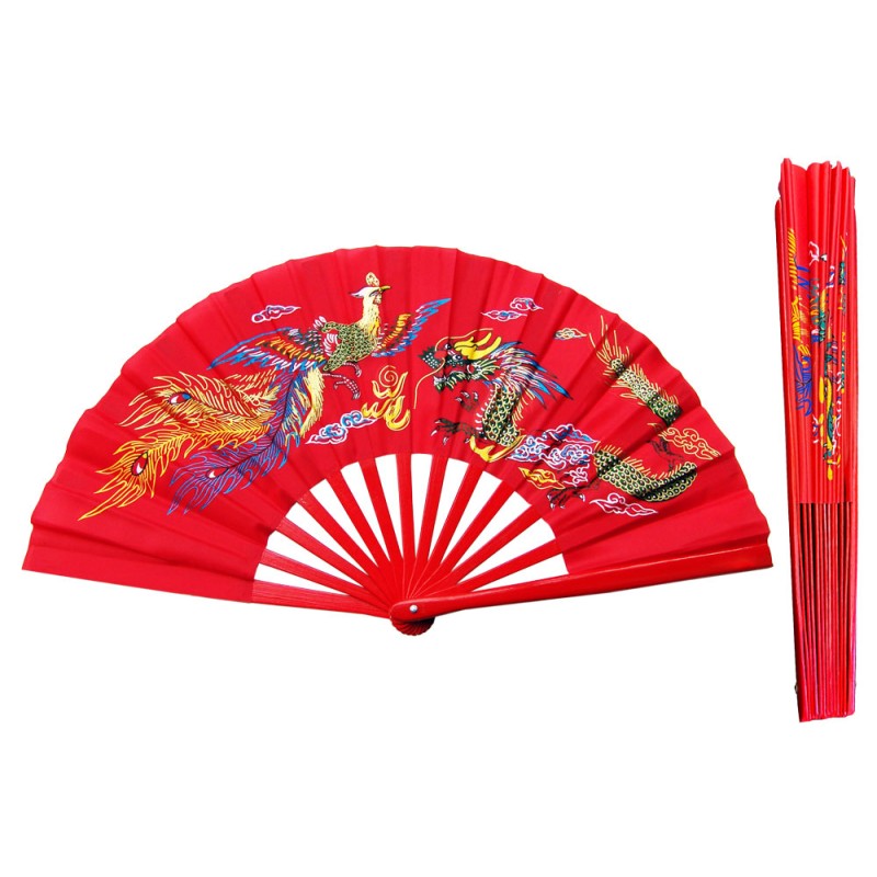 Fan09-L Red Dragon Phoenix Taichi kungfu Bamboo Rib Fan - LEFT HAND ONLY