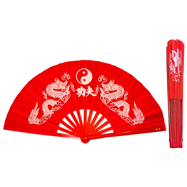 Red Twin Dragon Tai Chi Kung Fu Fan with Bamboo Ribs (Fan11)