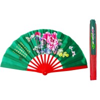 Fan15 Kelly Green Mudan Flower Taiji Kungfu Fan - Beautiful Design with Chinese Poem