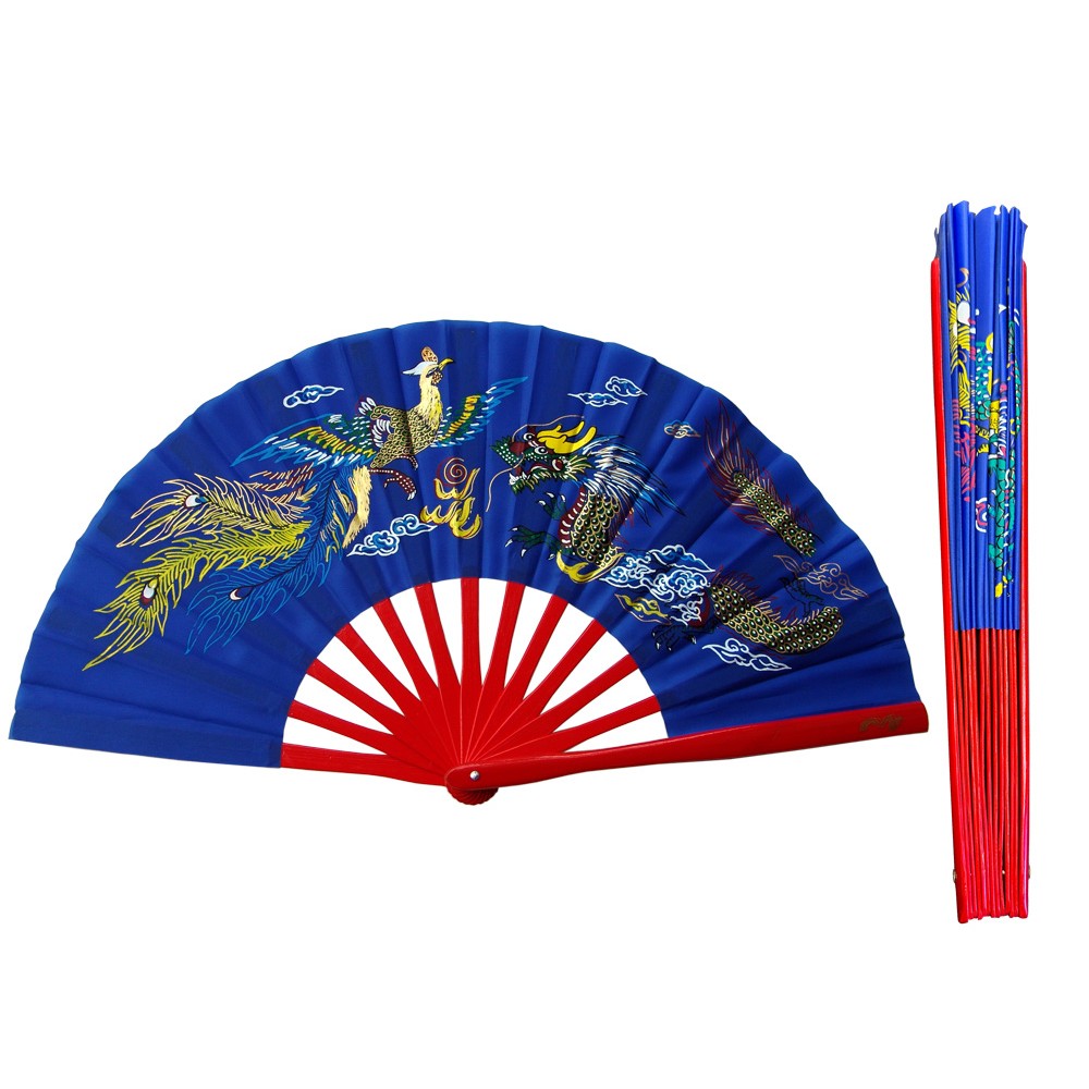 Blue Dragon Phoenix Tai Chi Fan with Red Bamboo Ribs (Fan16)