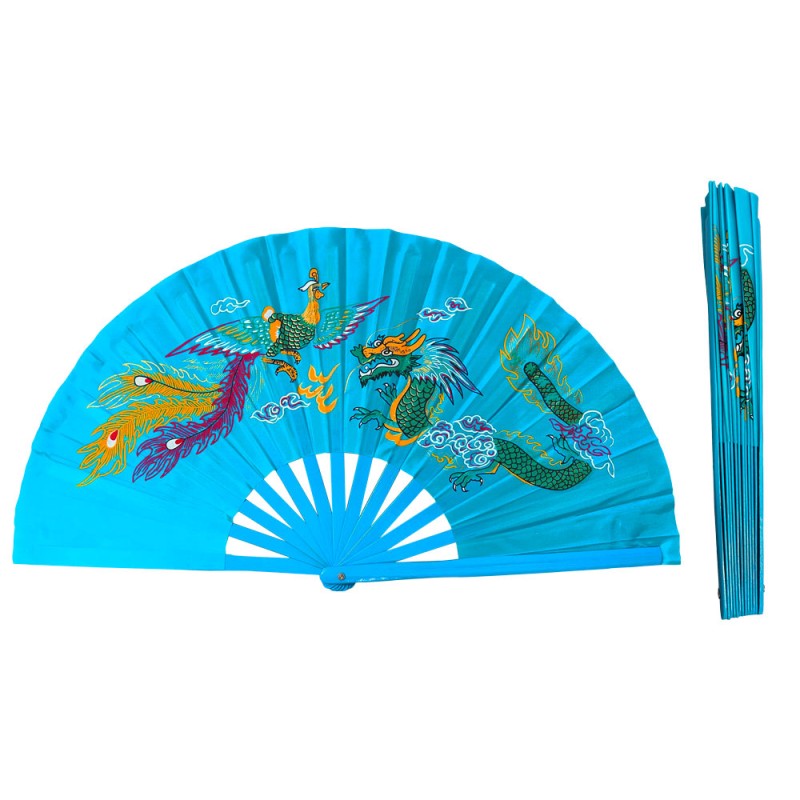 Fan21 Lake Bule Dragon Phoenix Tai chi Fan with Blue Bamboo Rib Fan