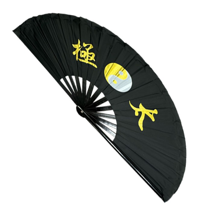 Tai Chi Bamboo Rib Fan (Fan22-1) – Black Nylon Base with Gold & White Design