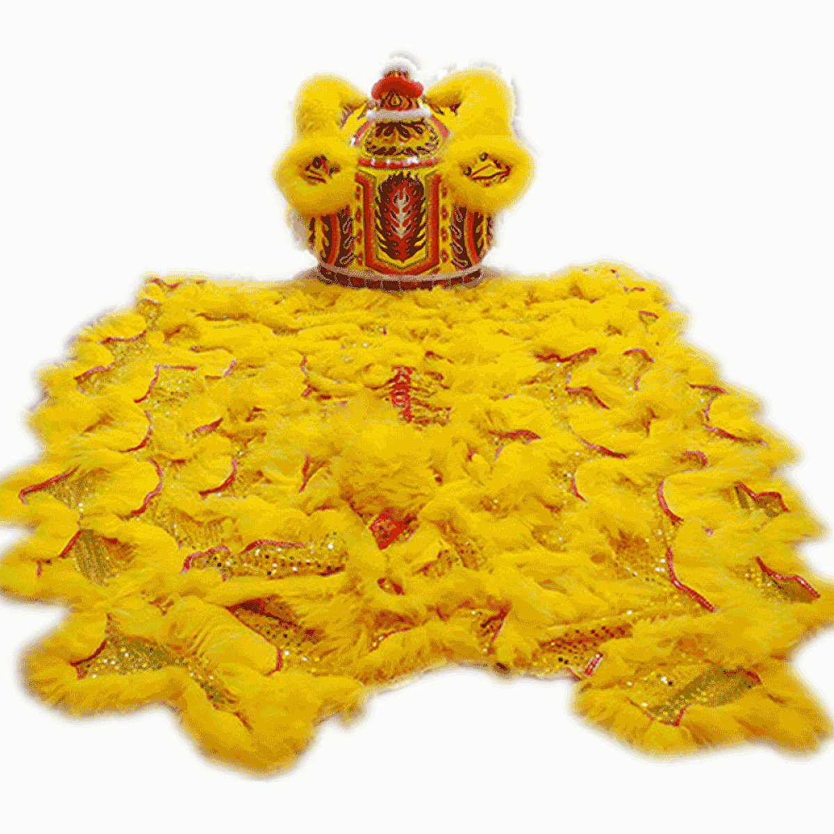 D1301 Vibrant Yellow Fut-San Lion Dance Costume – Size #3 with Red & Golden Laser Accents