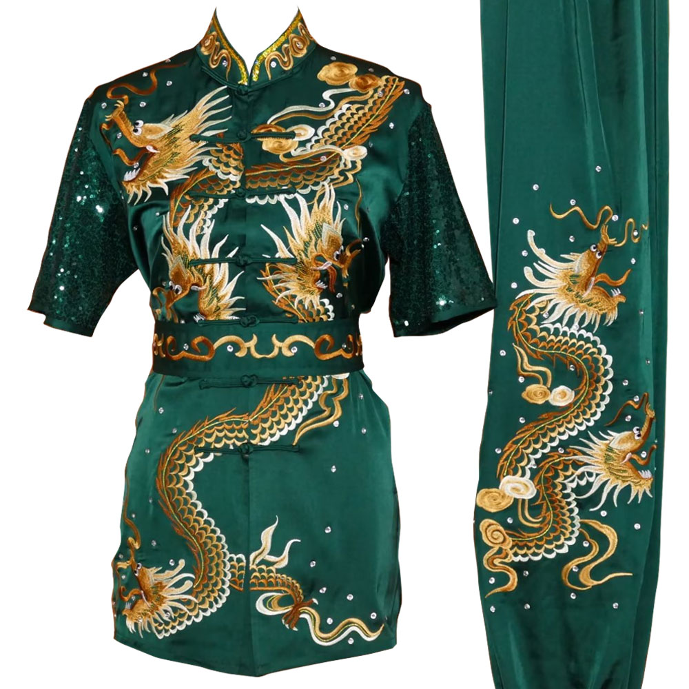 UC2024-002 Green Kung Fu Wushu Uniform with Golden Nine-Dragon Embroidery