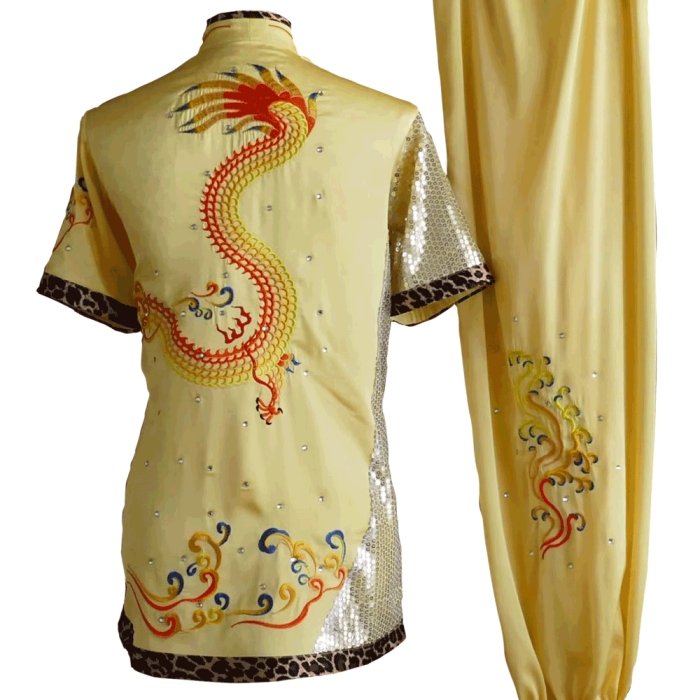 Pale Yellow Wushu Kung Fu Uniform with Red Dragon Embroidery