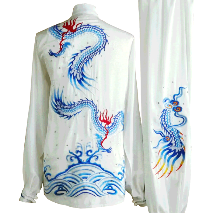 White Tai Chi Kung Fu Uniform with Blue Dragon and Waves Embroidery (Pre-Order) - UC2024-023