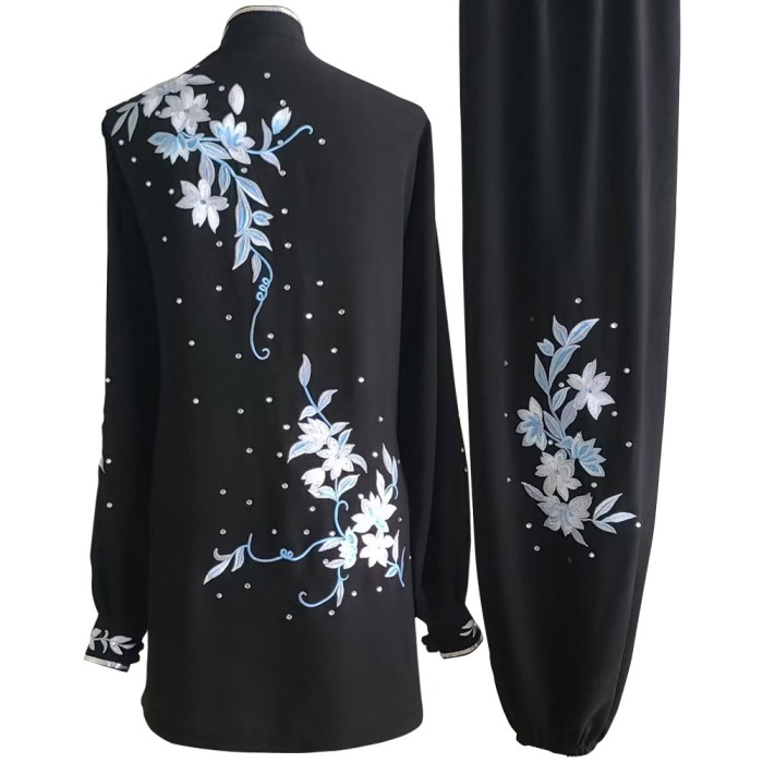Black Kung Fu Wushu Uniform with Silver and Light Blue Embroidery and Sequins（pre-order ) UC2024-027