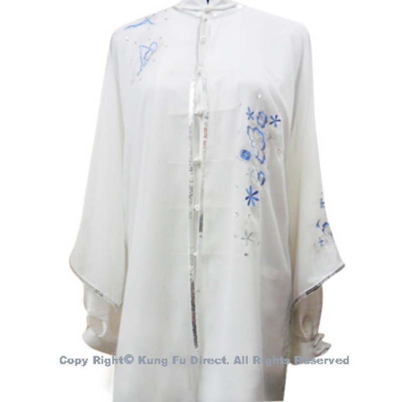UC118 - White Shawl with Blue Flower Embroidery/Sliver Color Trim－ Shawl Only