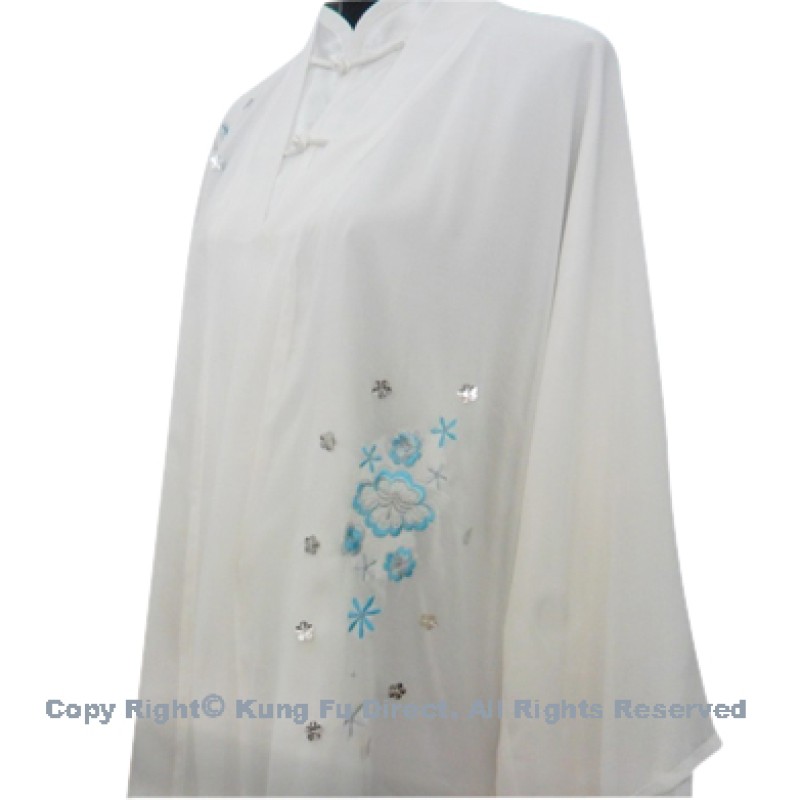UC121 - White Shawl with light Blue Flower Embroidery－ Shawl Only 
