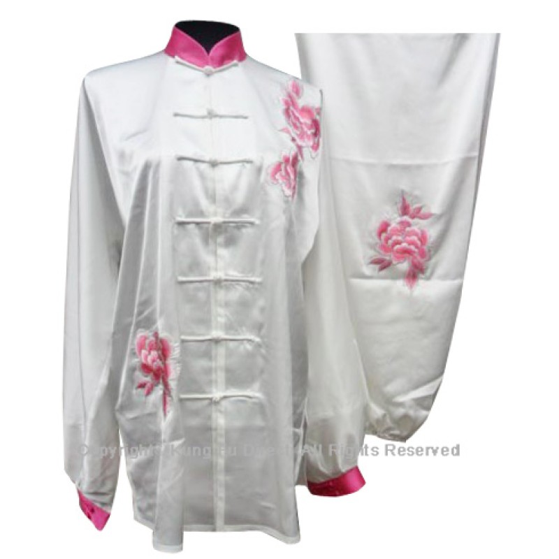 UC813 - White Uniform With Pink Peony Flower Embroidery