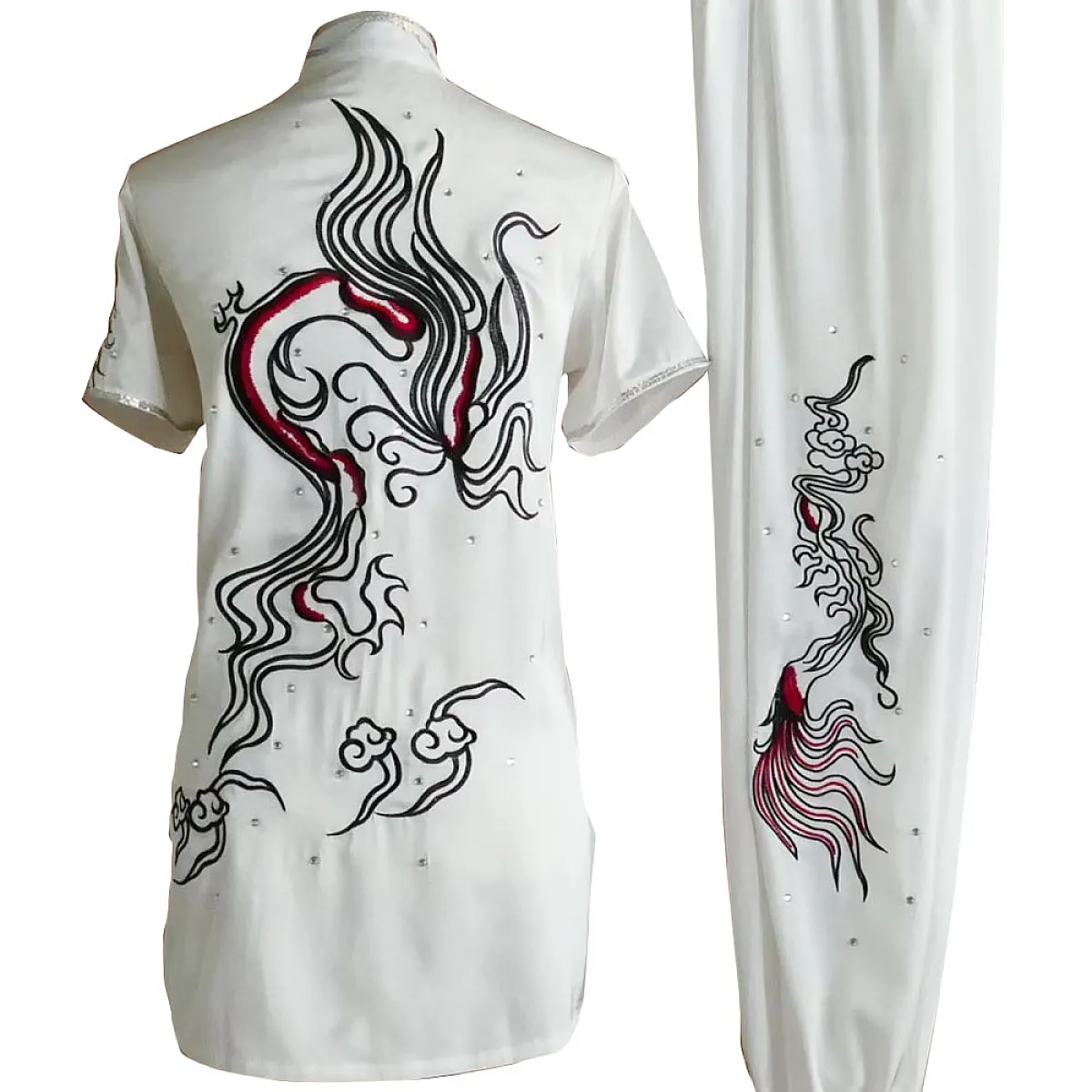 White Kung Fu Wushu Uniform with Abstract Dragon Embroidery and Silver Sequins UC2024-017