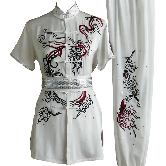 White Kung Fu Wushu Uniform with Abstract Dragon Embroidery and Silver Sequins UC2024-017