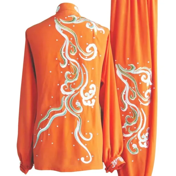 Orange Kung Fu Wushu Uniform with Silver Abstract Phoenix and Cloud Embroidery with Sequins UC2024-028
