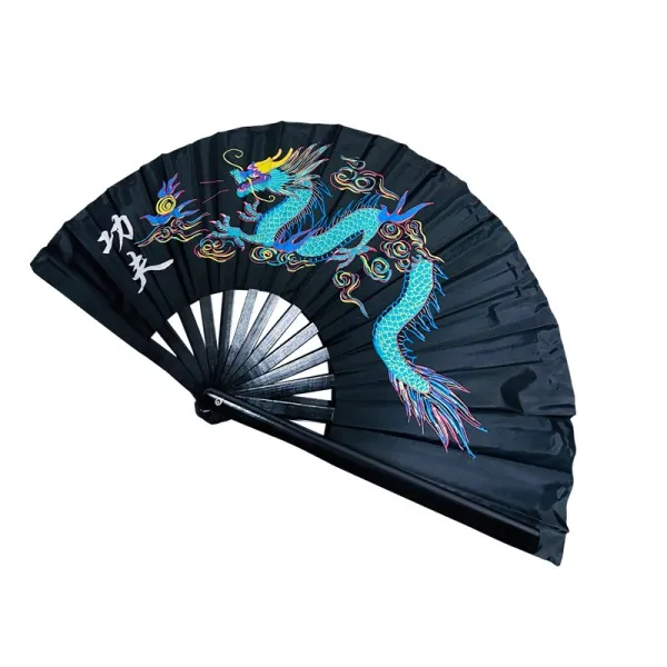 Single Dragon Kung Fu Bamboo Rib Black Fan (Fan31)
