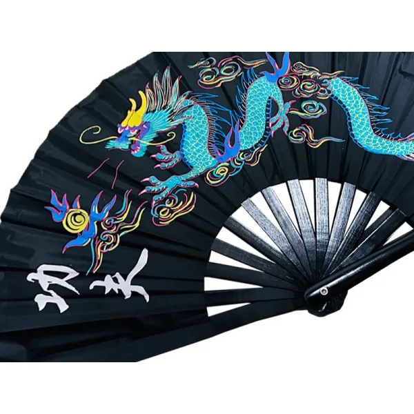 Single Dragon Kung Fu Bamboo Rib Black Fan (Fan31)