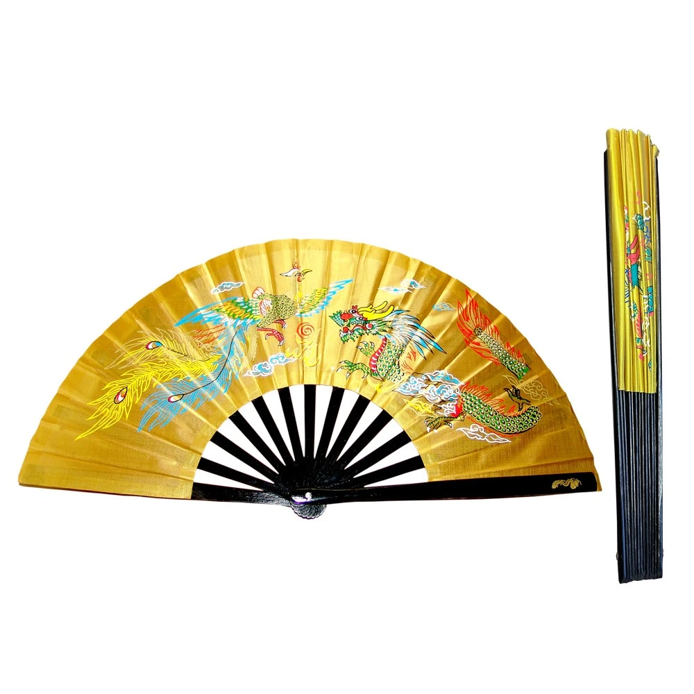 Golden Taichi Kung Fu Fan with Dragon Phoenix Design and Bamboo Ribs_(Fan04)
