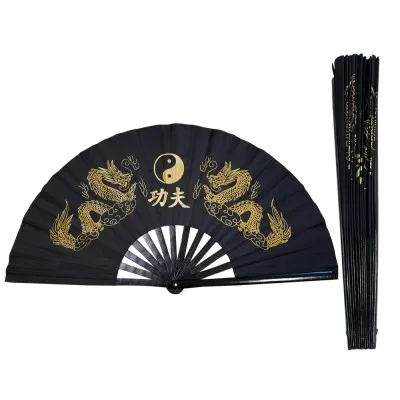 Black Twin Golden Dragon Tai Chi Kung Fu Bamboo Rib Fan (Fan07)