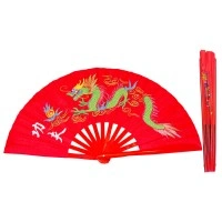 Red Tai Chi Kung Fu Fan with Bamboo Ribs and Green Dragon Kung Fu Design (Fan10)