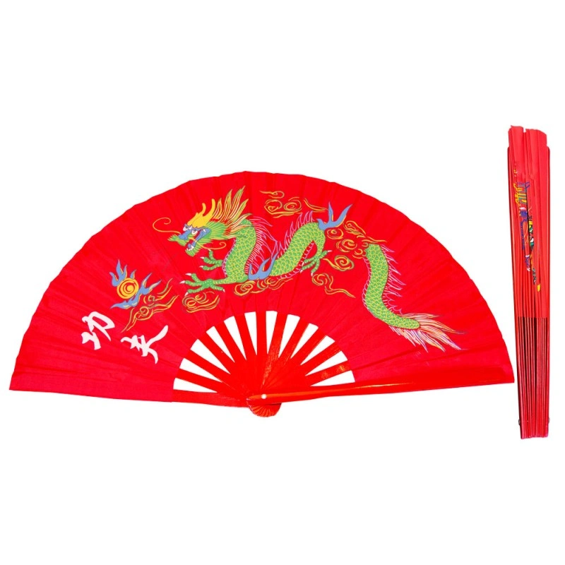 Red Tai Chi Kung Fu Fan (Fan10) – Bamboo Ribs with Green Dragon Design for Martial Arts Training & Performance