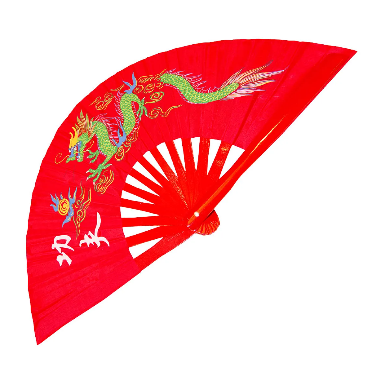 Red Tai Chi Kung Fu Fan (Fan10) – Bamboo Ribs with Green Dragon Design for Martial Arts Training & Performance
