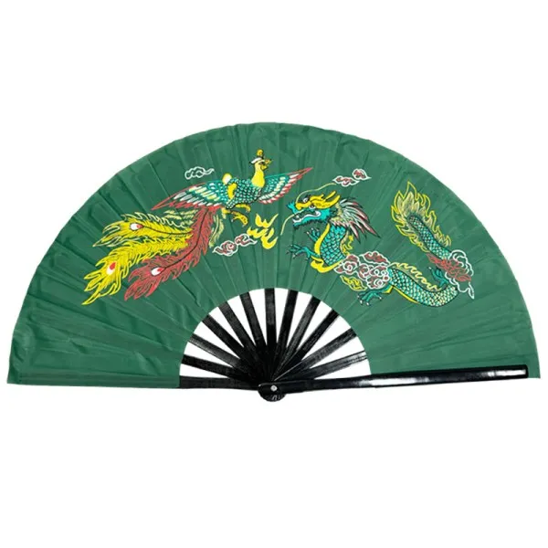 Green Dragon Phoenix Tai Chi Fan with Black Bamboo Ribs (Fan14)