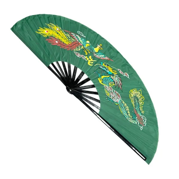 Green Dragon Phoenix Tai Chi Fan with Black Bamboo Ribs (Fan14)