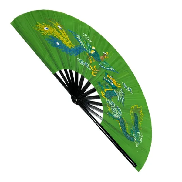 Green Dragon Phoenix Tai Chi Fan with Black Bamboo Ribs (Fan14)