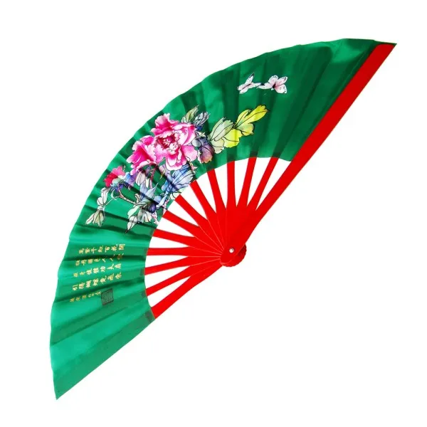 Green Peony Tai Chi Fan with Red Bamboo Ribs (Fan15)