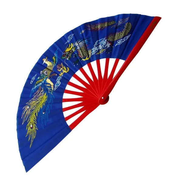 Blue Dragon Phoenix Tai Chi Fan with Red Bamboo Ribs (Fan16)