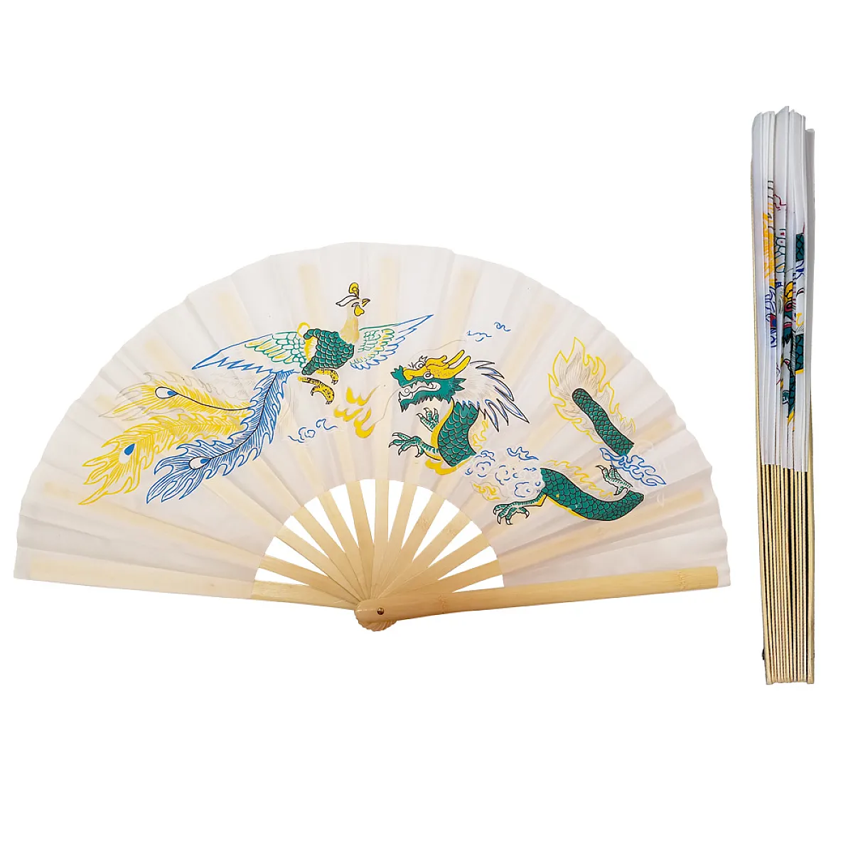 White Nylon Bamboo Rib Tai Chi Fan with Dragon and Phoenix Design (Fan20)