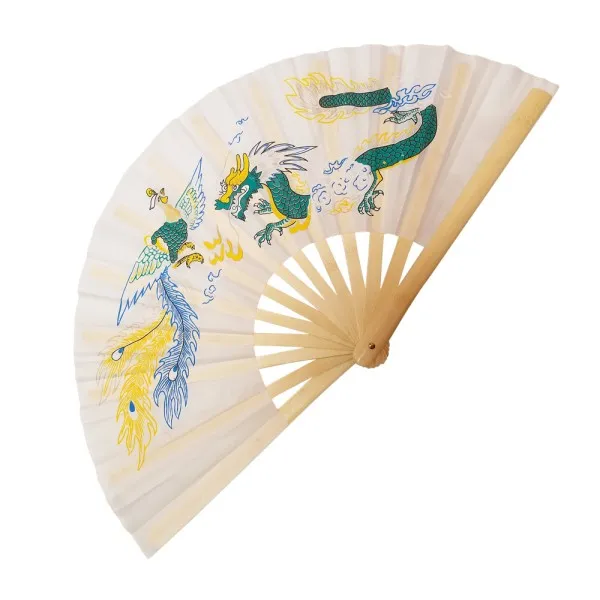 White Nylon Bamboo Rib Tai Chi Fan with Dragon and Phoenix Design (Fan20)