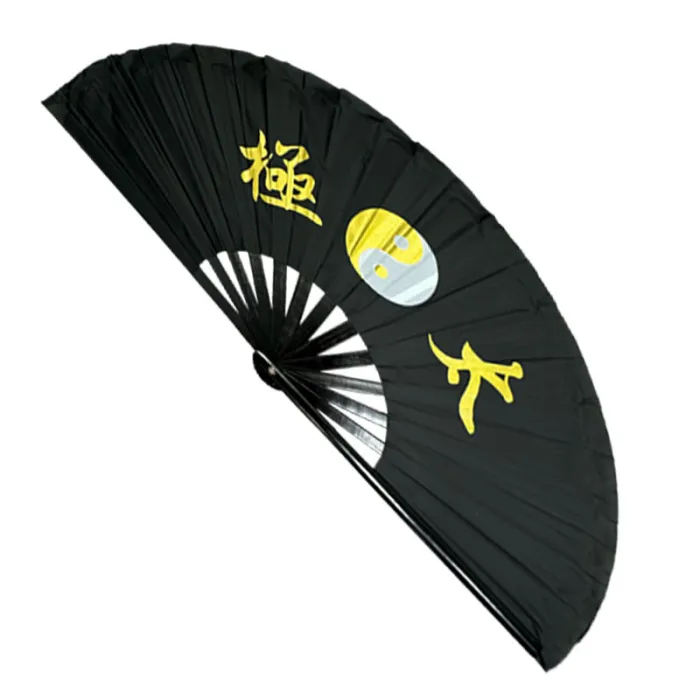 Tai Chi Bamboo Rib Fan (Fan22-1) – Black Nylon Base with Gold & White Design