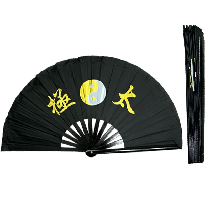Tai Chi Bamboo Rib Fan (Fan22-1) – Black Nylon Base with Gold & White Design