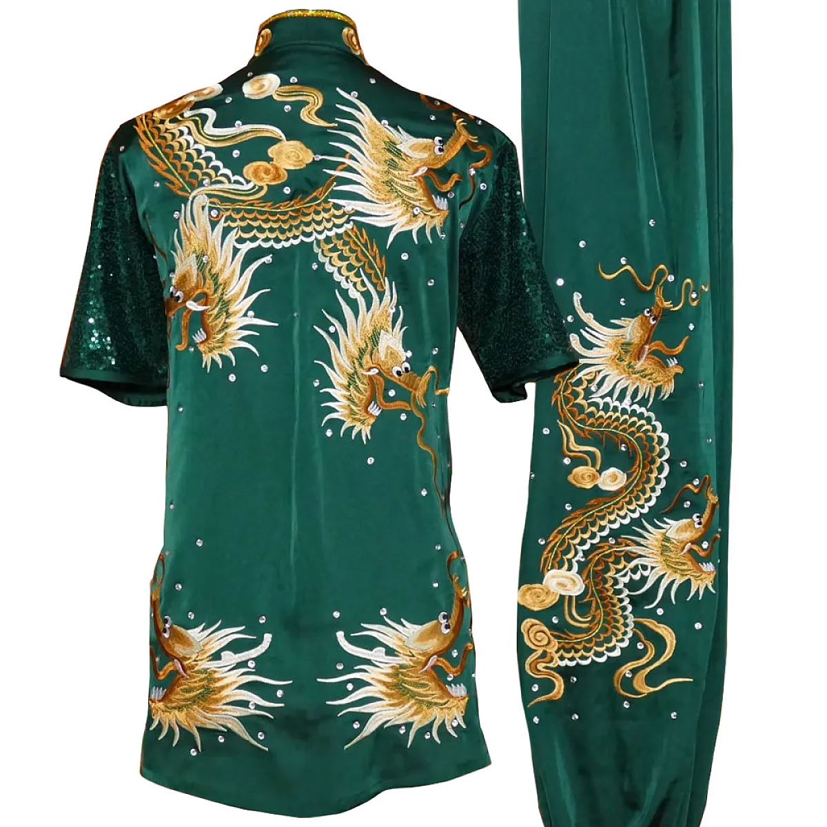 UC2024-002 Green Kung Fu Wushu Uniform with Golden Nine-Dragon Embroidery