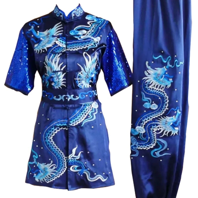 Blue Kung Fu Uniform with Silver Blue Dragon Embroidery (Pre-Order)