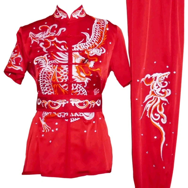 Red Kung Fu Wushu Uniform with White & Gold Dragon Embroidery