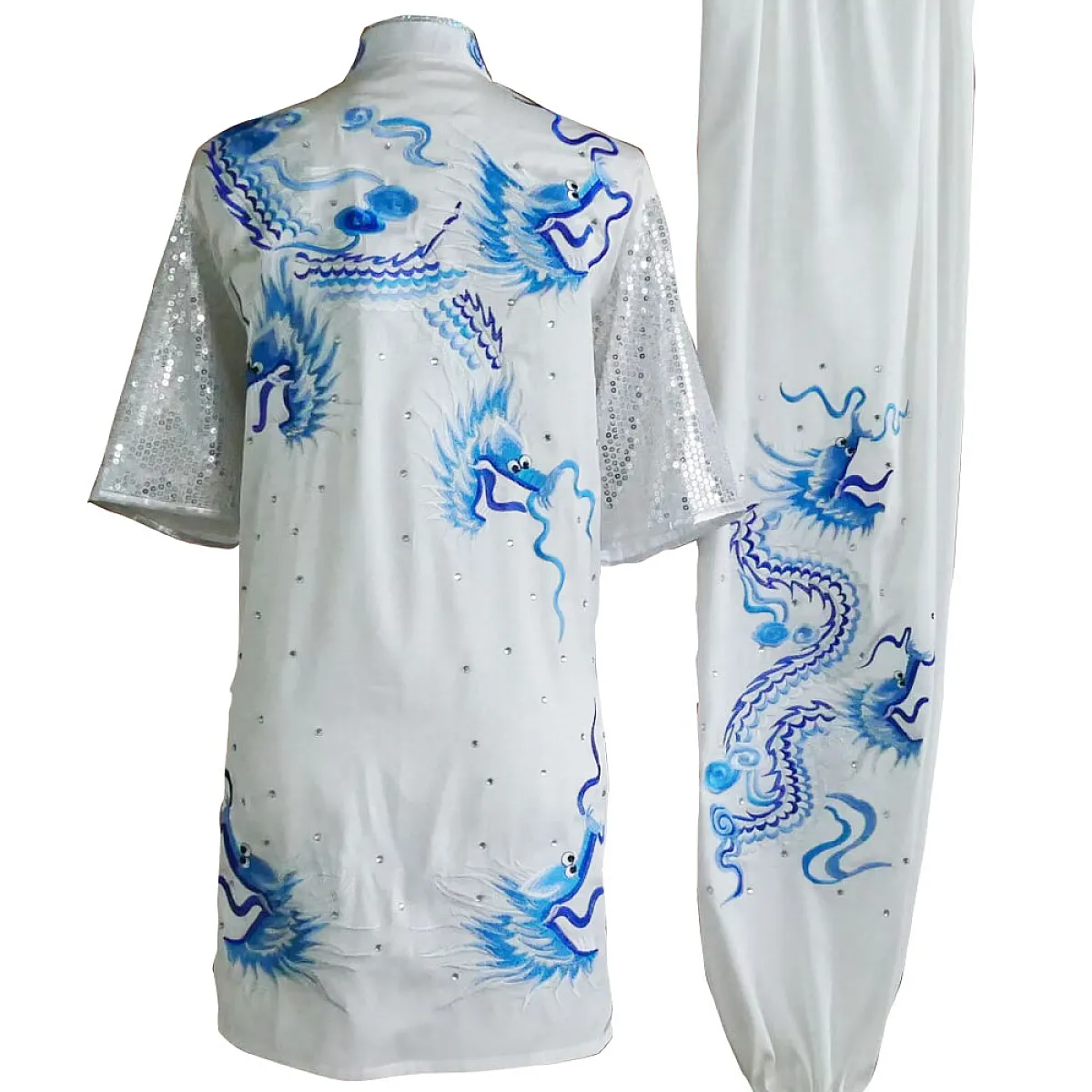 White Tai Chi Kung Fu Uniform with Blue Dragon Embroidery (Pre-Order) - UC2024-021