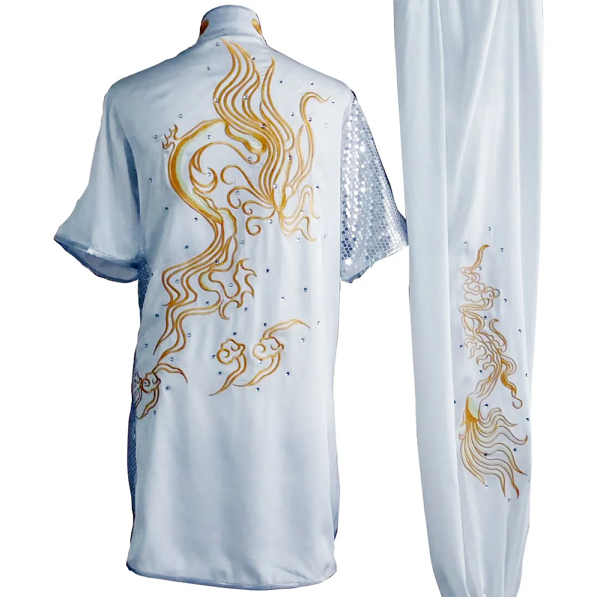 White Kung Fu Wushu Uniform with Golden Flowing Cloud Embroidery (Pre-Order) - UC2024-022