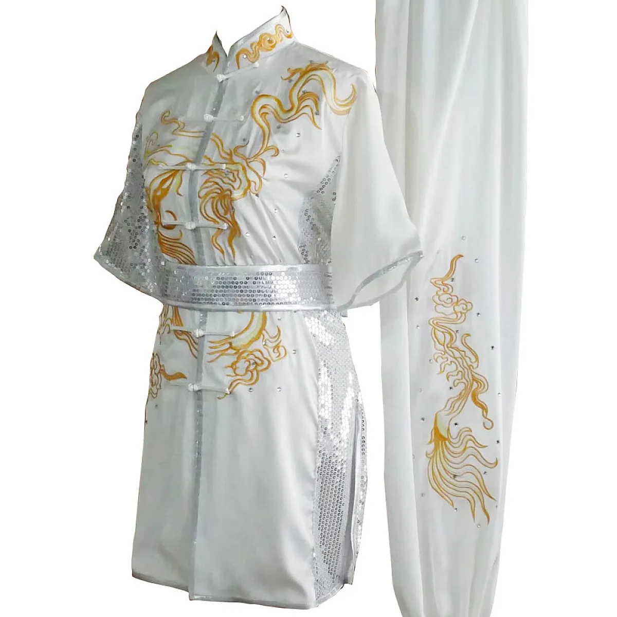 White Kung Fu Wushu Uniform with Golden Flowing Cloud Embroidery (Pre-Order) - UC2024-022