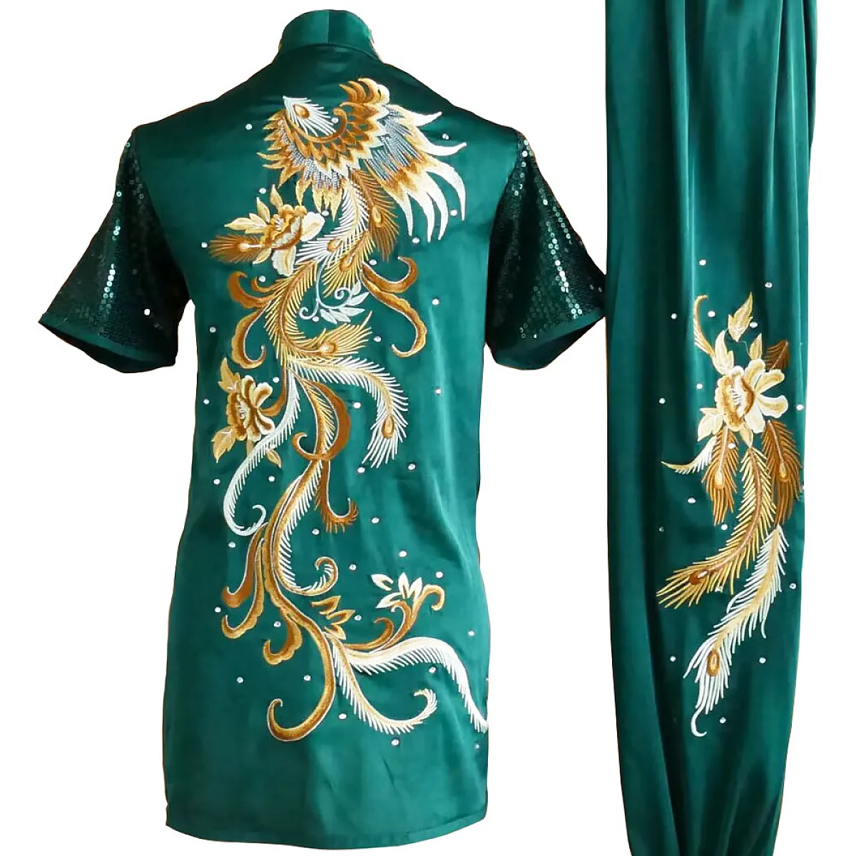 Emerald Kung Fu Wushu Uniform with Golden Phoenix Embroidery