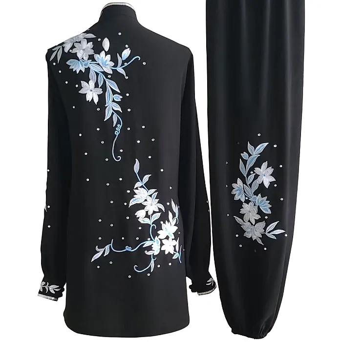 Black Kung Fu Wushu Uniform with Silver and Light Blue Embroidery and Sequins（pre-order ) UC2024-027