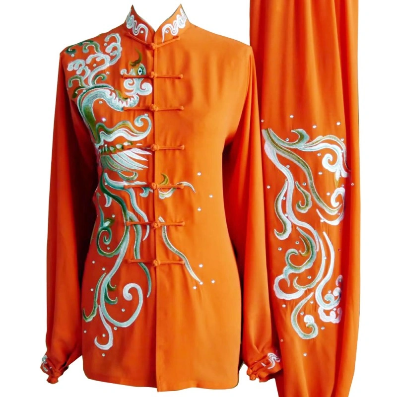 Orange Wushu Kung Fu Uniform with Silver Phoenix and Cloud Embroidery