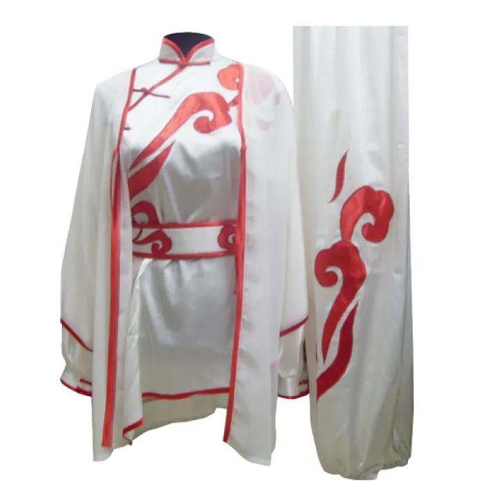 White Wushu Competition Shawl with Red Trim