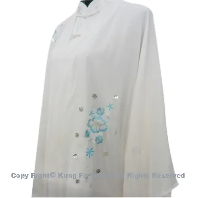 UC121 - White Shawl with light Blue Flower Embroidery－ Shawl Only 