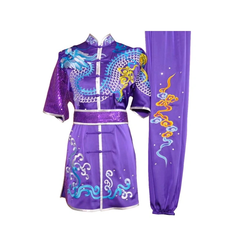 UC2022-41 Purple-Blue Dragon Wushu Uniform – Satin with Gold & White Cloud Embroidery